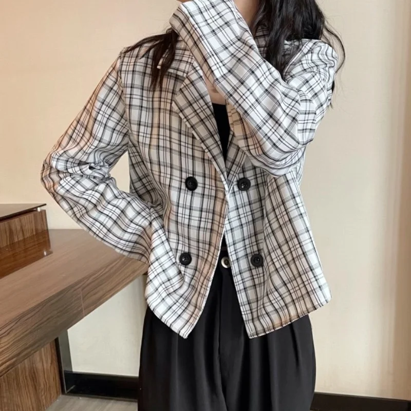 Женский дизайнерский клетчатый костюм короткое пальто с длинным рукавом