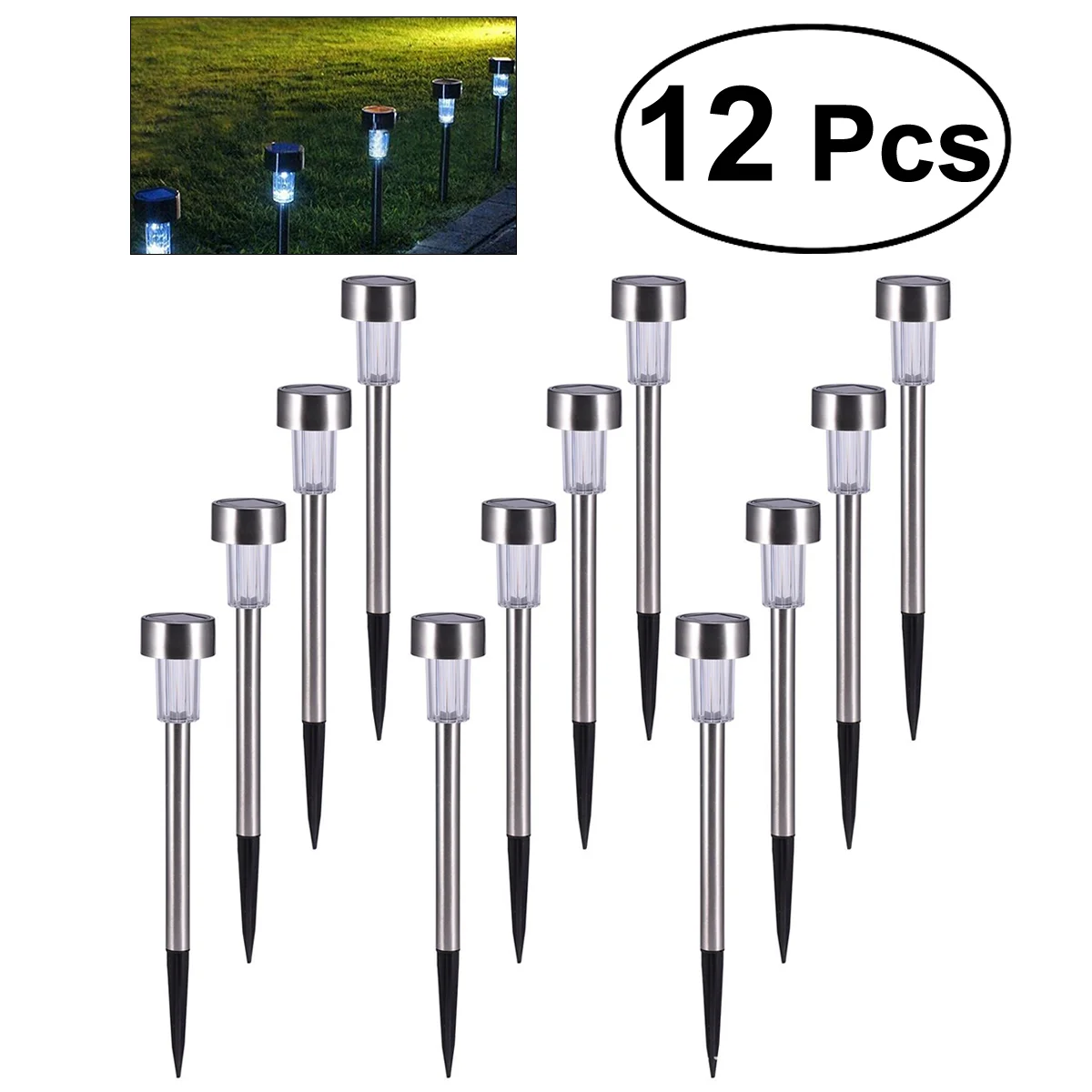 

12 PCS Stainless Steel Solar Powered LED Light Solar Panel Lights for Pathway Landscape Garden Outdoor Patio Yard (White Light)