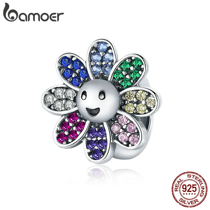 bamoer 925 Sterling Silver Colorful Sunflower Charm for Original 3mm Bracelet Accessories Original silver jewelry make SCC1701