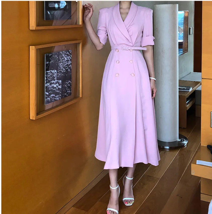 

JSXDHK Fashion Chic Summer Double-breasted Dress 2021 New Elegant Pink Short Sleeve Lapel Collar Office OL Long Dress With Belt