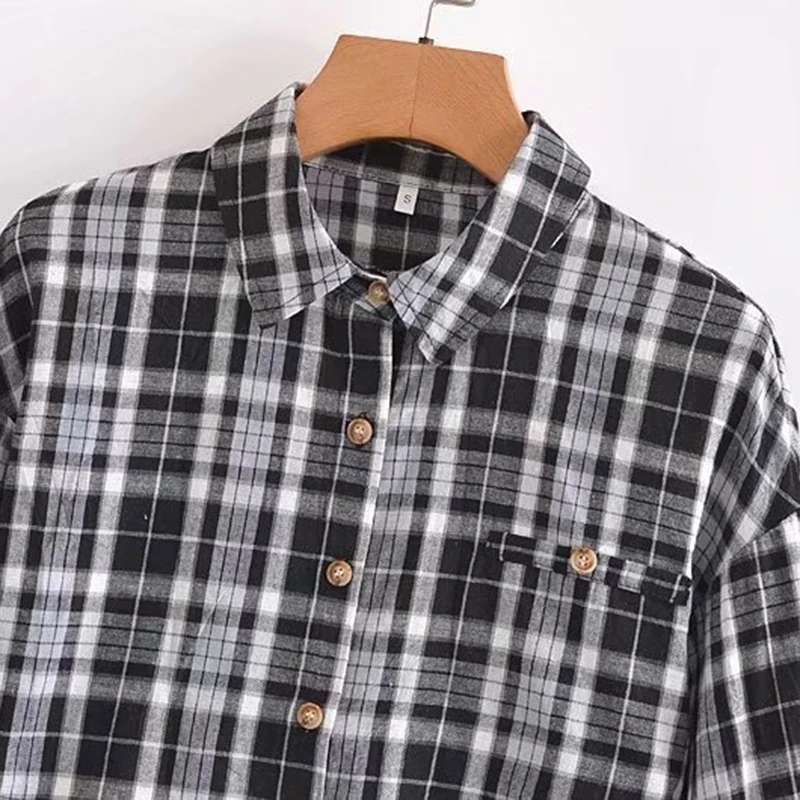 

Casual Women Plaid Shirt Sexy Crop Top Turn-down Long Sleeve Single Stright Short Blouse Female Vintag Streetwear Summer Clothes