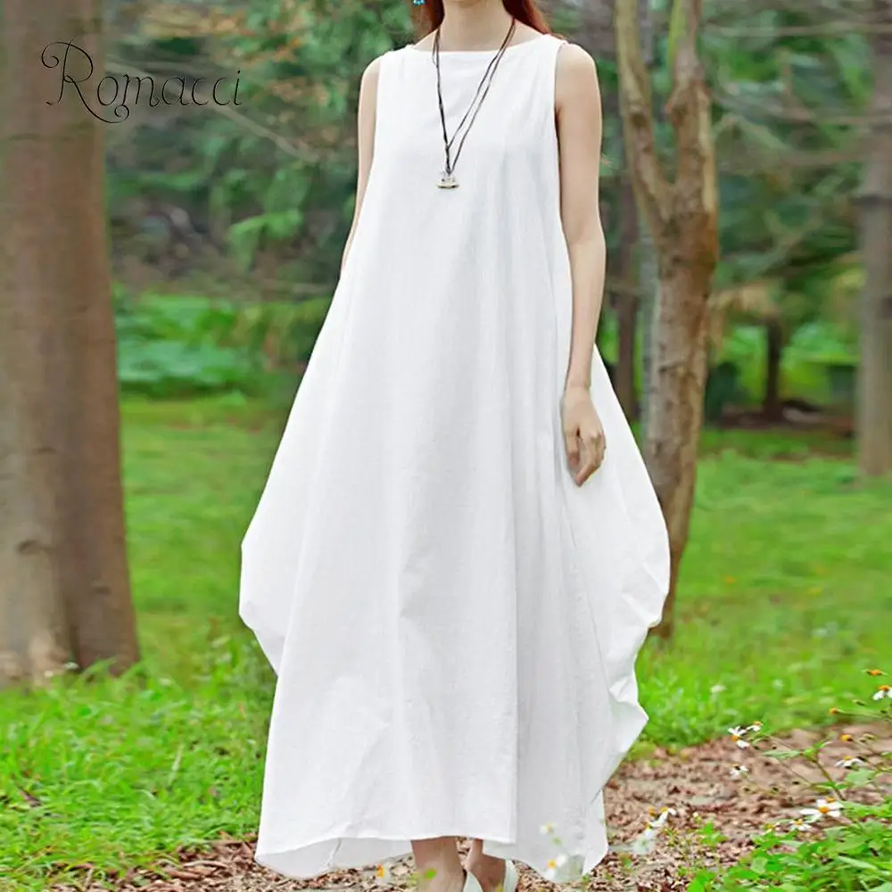 Платье женское длинное из хлопка и льна без рукавов с круглым вырезом|Женские