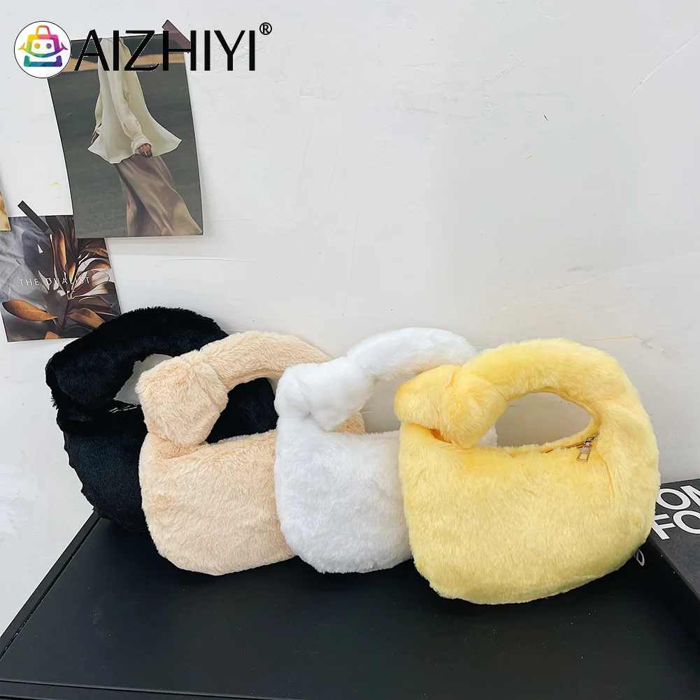 

Autumn Winter Women Soft Plush Solid Color Cloud Shoulder Bags Furry Ladies Clutch Purse Handbag Female Underarm Bag