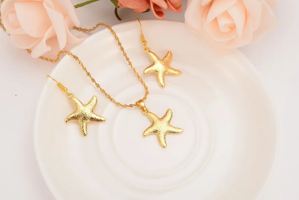 

18 K Yellow Solid G/F Gold starfish Pendant Necklace earrings hippocampus animal Papua New Guinea Traditional party Jewelry