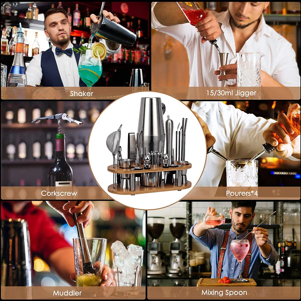 Juego de coctelera de 23 piezas, Kit de camarero con soporte de bamb&uacute; ovalado desmontable, herramientas de Bar para el hogar de acero inoxidable, regalo perfecto-4