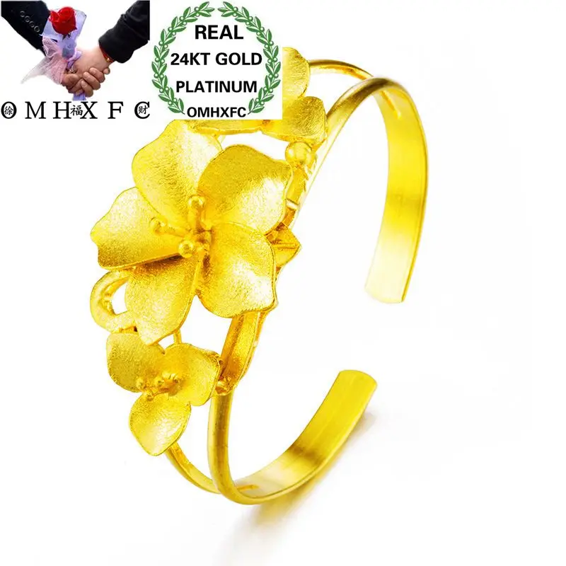 

OMHXFC Wholesale European Fashion Woman Girl Party Wedding Gift Vintage Flower 24KT Gold Open Bangles Bracelets BE132