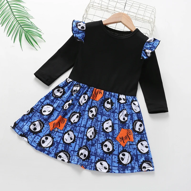 

Halloween Party Dress White Pumpkin Skull Flying Sleeve Festival Dress Fashion Kids Clothes Cute Girls Clothing Gifts For 1-6Y