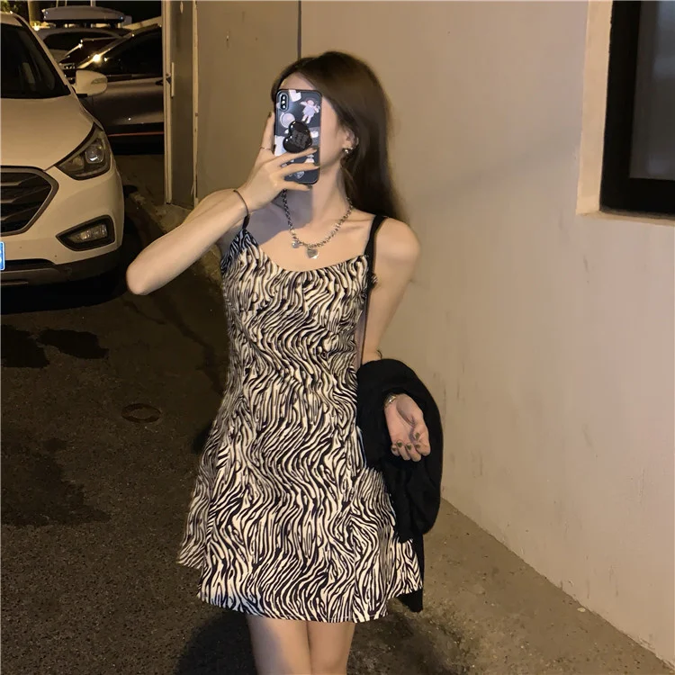 spring 2021 new Korean zebra suspender skirt middle versatile slim dress women |