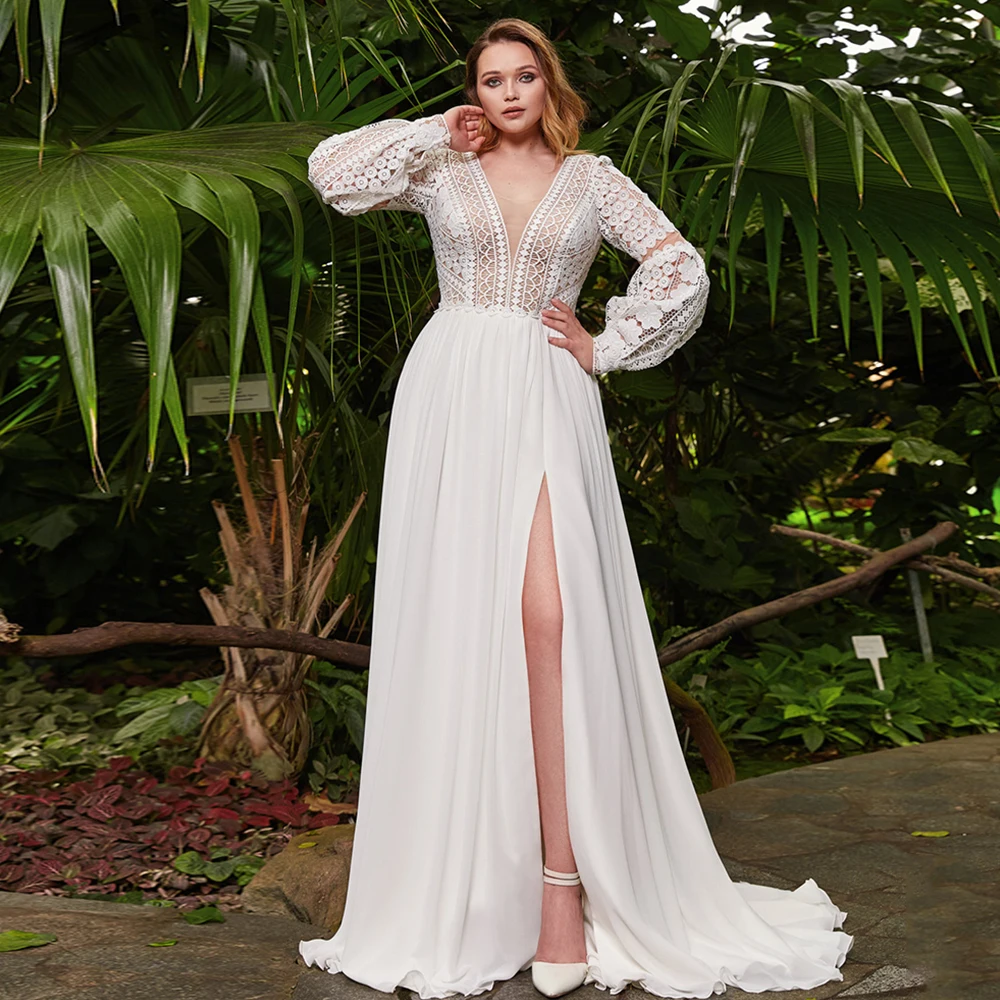 

Elegant Plus Size A-Line Chiffon Wedding Dress V-Neck Slit Lace Long Sleeve Sweep Train Bridal Gowns 2021 Vestidos De Noivas