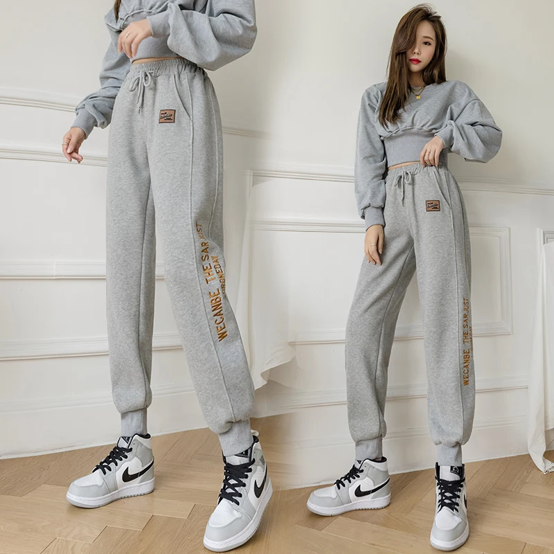 

Women Harem Pants Letter Embroidery Spring Fashion Loose White Sweatpants Harajuku Girls Elastic Waist Ankle length Sportswear