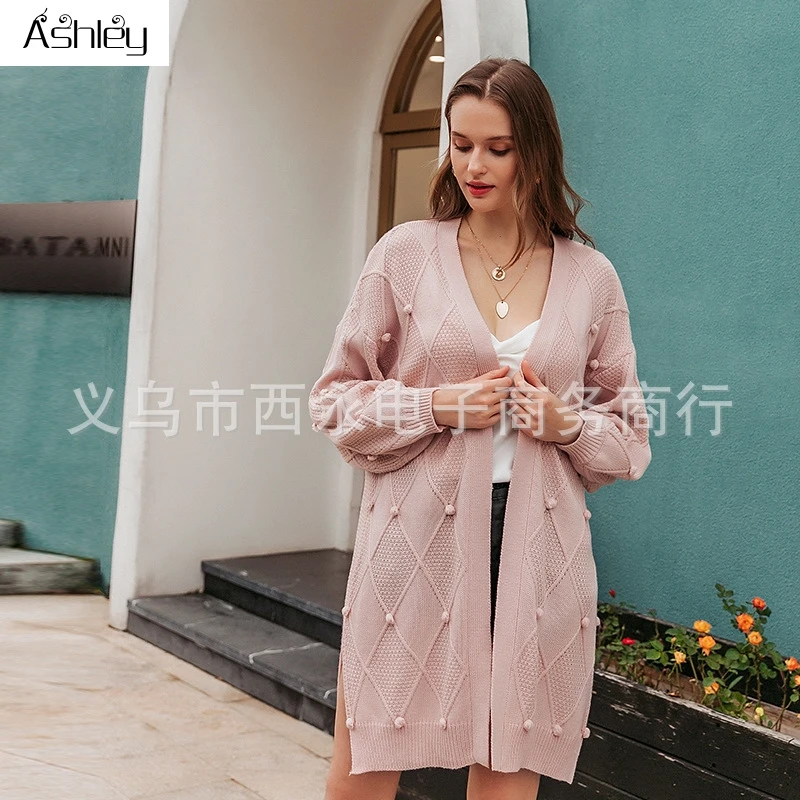 

Ashley Casual v-neck plaid women winter cardigan Long sleeve hairball loose female sweater Knitwear straight ladies cardigan