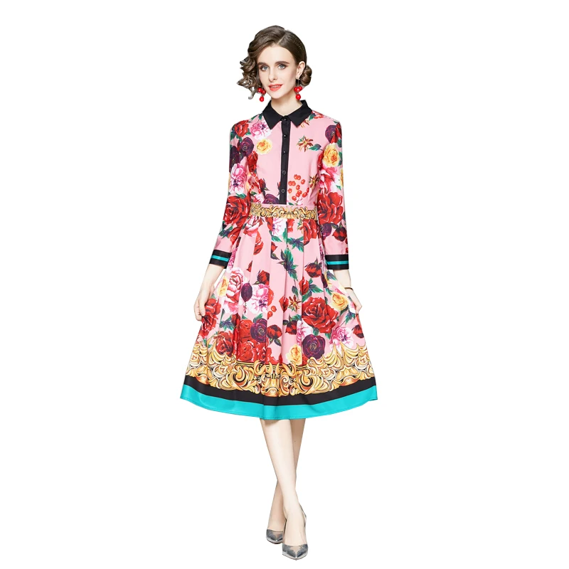 

2021 New Spring Summer Fashion Runway Shirt Dress Women's Long Sleeve Casual Rose Floral Stripe Print Pleated Midi Elegant Dress