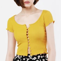 women scoop neck button through waffle crop top with lettuce edge fitted crop tee