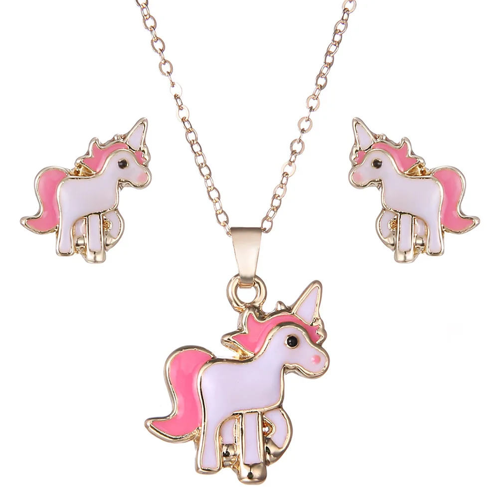 Горячая продажа розовое ожерелье с единорогами серьги Наборы украшений в форме