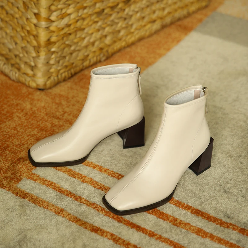 

Korean retro square toe flat leather ankle boots for women and ankle boots