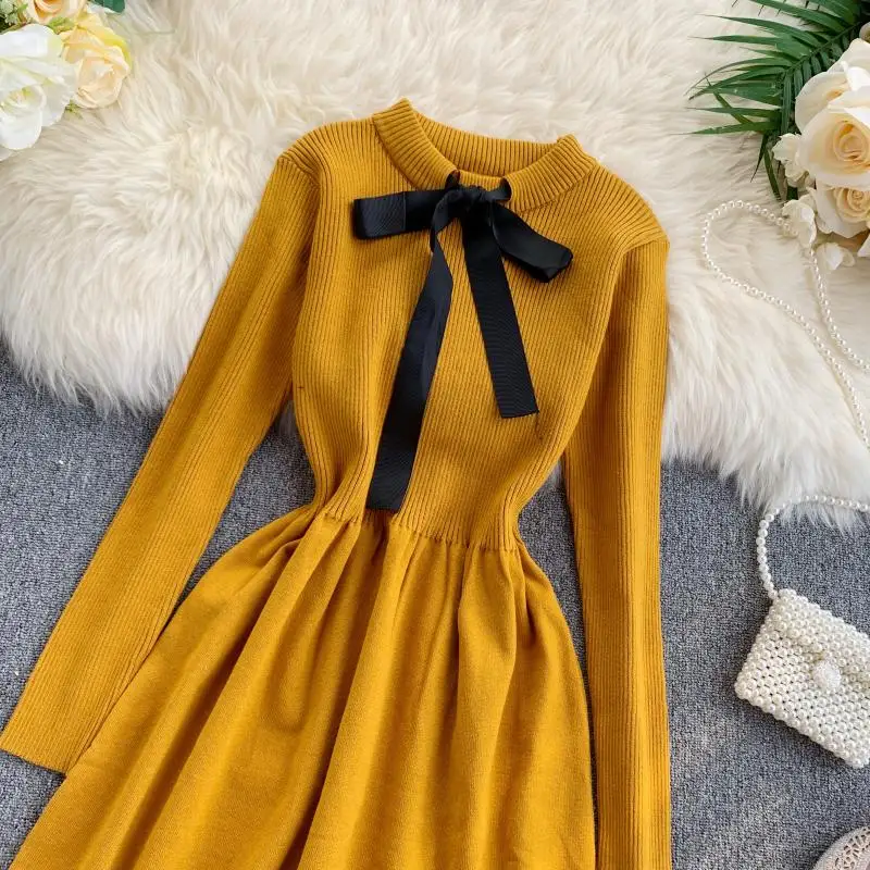 ALPHALMODA осеннее трикотажное платье с длинными рукавами и галстуком-бабочкой, милое женское платье с тонкой талией в консервативном стиле, трикотажное платье