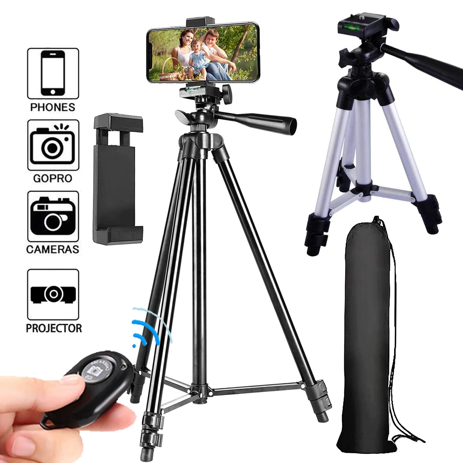 

Extendable Travel Lightweight Flexible Tripod Stand Carry Bag Camera Gopro Live Youtube Bluetooth Remote Cell Phone Mount DSLRs