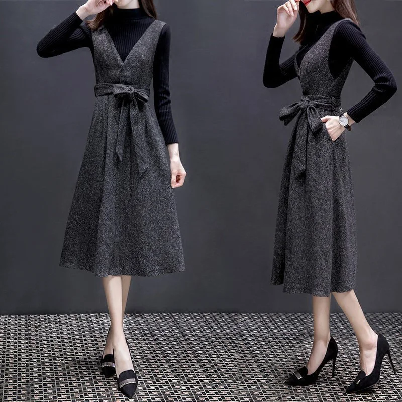 Комплект из 2 предметов платье корейский стиль Осень-зима новинка толстый