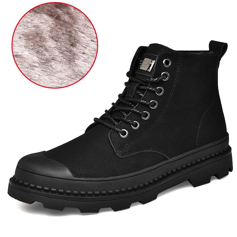 

Genuine leather boots for men, casual winter hot black shoes for work, male snow boots with military skin