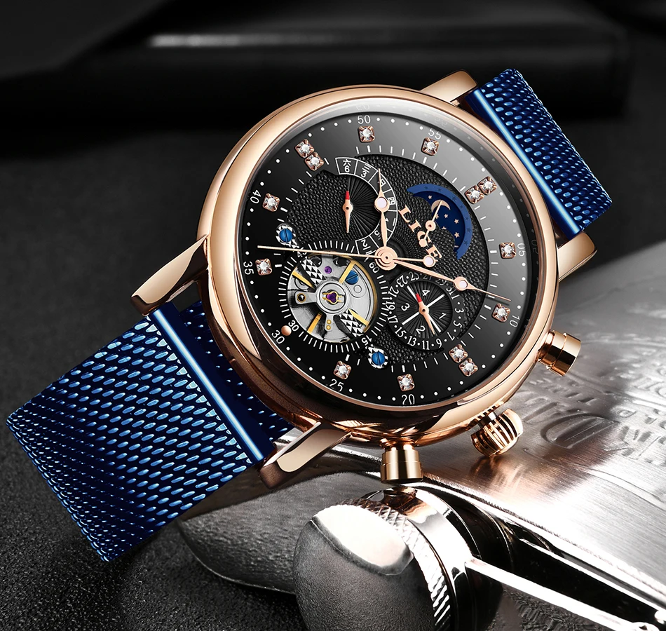 Бренд lige Tourbillon модные часы в деловом стиле автоматические механические часы мужские повседневные Водонепроницаемые кожаные часы Relogio Masculino