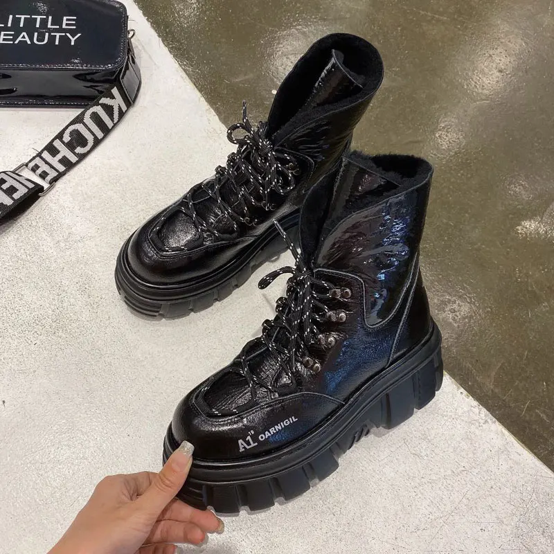 

High Platform Women Snow Boots Warm Wool Plush Ankle Boots Lace Up Real Leather Casual Shoes Female Heels Silver Black Punk Shoe
