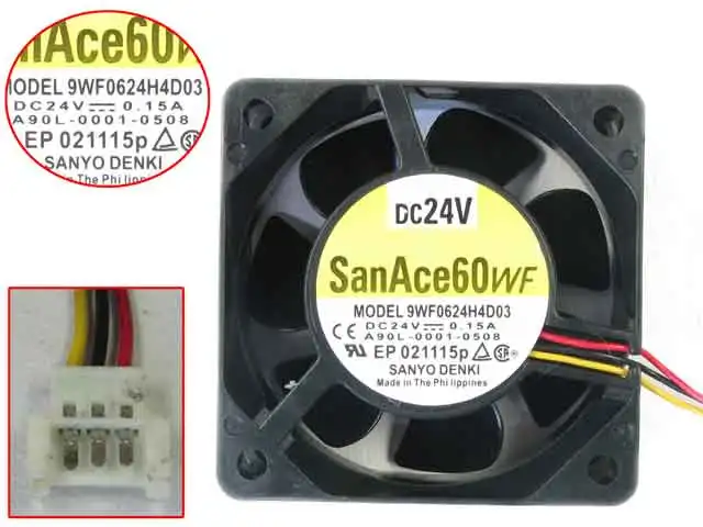 3-проводной охлаждающий вентилятор для сервера SANYO DENKI 9WF0624H4D03 DC 24V 0.15A 60x60x25mm