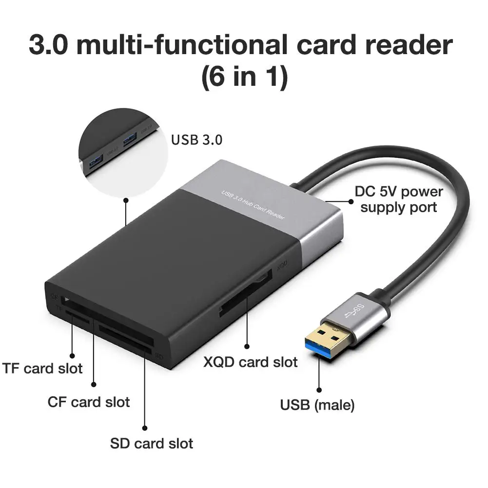 6 in 1 multi memory card reader abs aluminum alloy shell pvc wire reader usb 3 0 2 port hub high speed adapter for xqd cf sd tf free global shipping