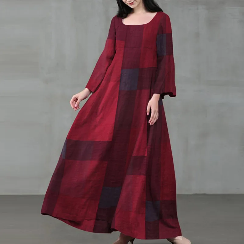 

2021 Spring Vintage Plaid Cotton Linen Long Dress Women Elegant O-Neck Long Sleeve Party Dresses Ladies Fashion Casual Vestidos