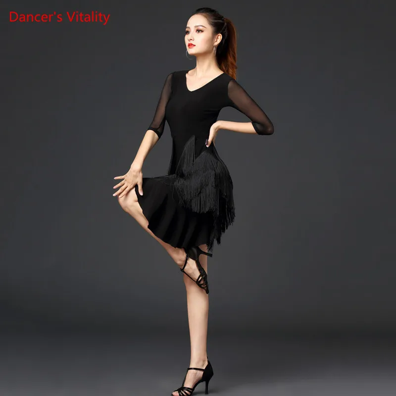 

Latin Dance Female Adult High-end Tassel Dress Performance Clothing Ballroom Dancing Competition Practice Long Skirt