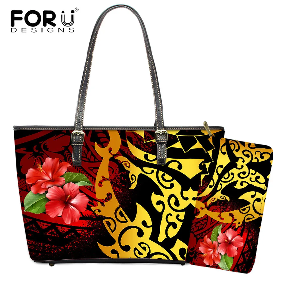 

FORUDESIGNS Luxury Leather Handbag for Ladies Polynesian Hibiscus Flower Pattern Shoulder Bag Women's Portable Top-Handle Bag