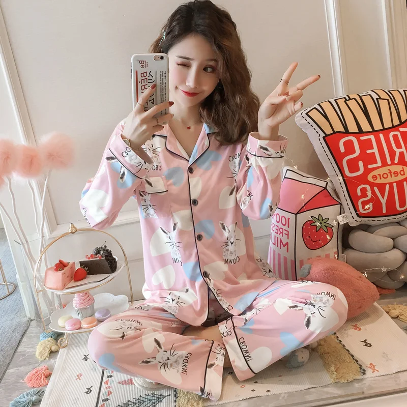 Пижама женская из чистого хлопка с длинным рукавом на весну и осень милая