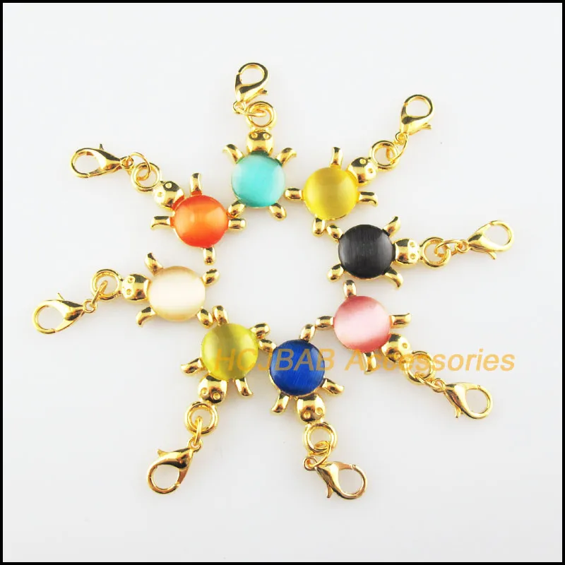 

8Pcs Gold Color Animal Tortoise Mixed Stone Charms Pendants With Lobster Claw Clasps 14x23mm