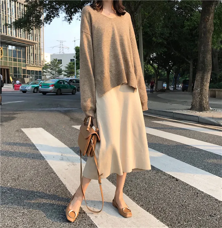 

Spring Autumn Elegant high waist women long knitting skirt solid A-line faldas mujer female solid slim jupe femme saia longa