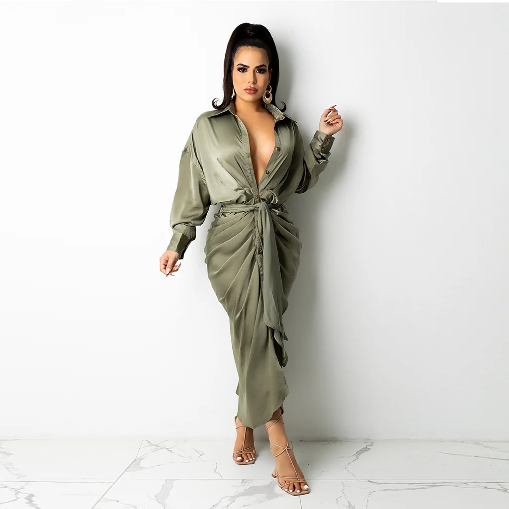 

2021 spring autumn block front drawstring sexy women midi dress conjuntos de mujer