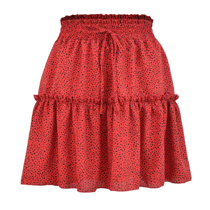 

Women Summer Chiffon Skirts Polka Dot Print Vintage Retro High Waist Flared Ruffles Skirt Casual A Line Mini Boho Beach Skirt