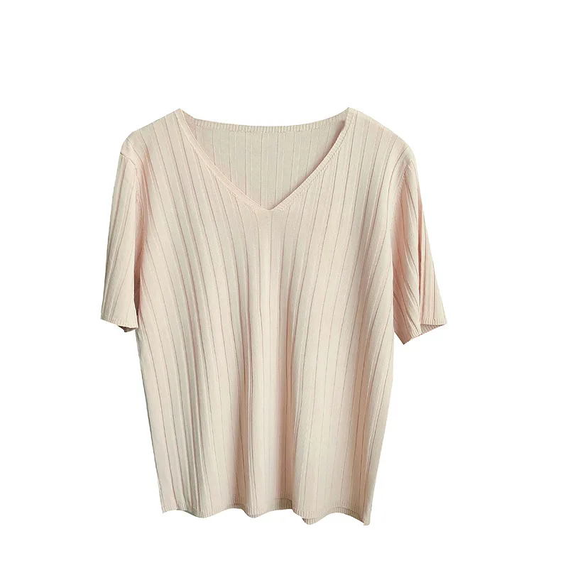 

Nice Summer Woman Solid Casual Knitted T-Shirts V-Neck Loose Tops for Female Basic Thin Short Sleeve Ladies Knit Pullover Shirts