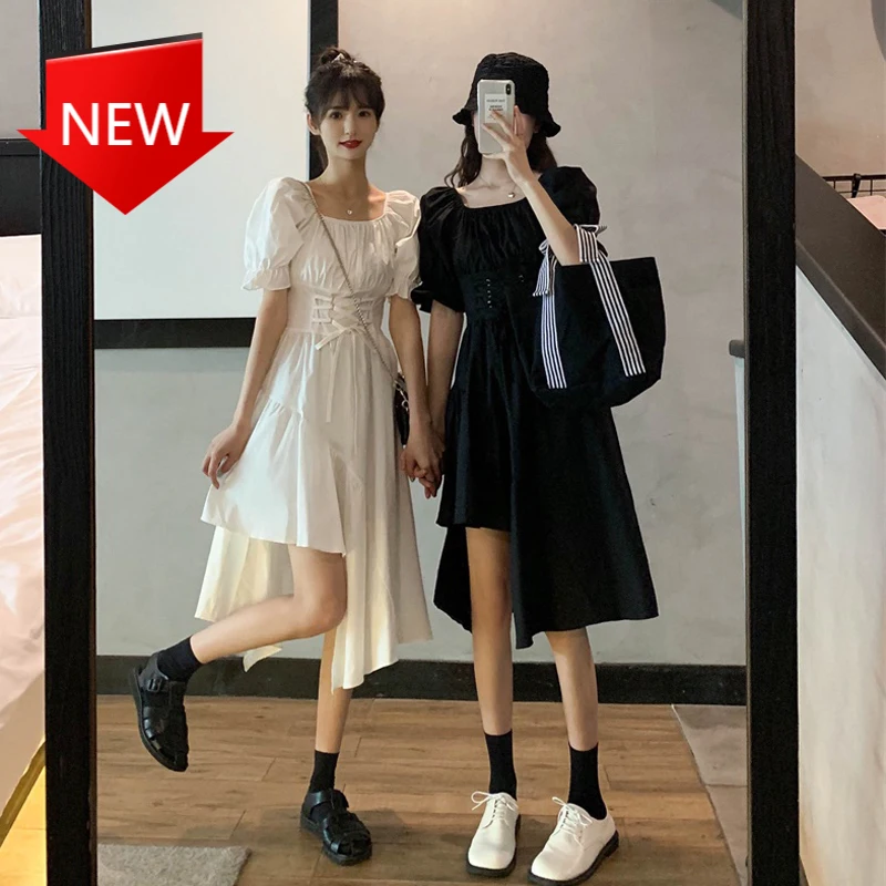 

Женское платье с завязкой на талии, винтажное асимметричное платье средней длины в Корейском стиле с бантом, квадратным вырезом и пышными р...