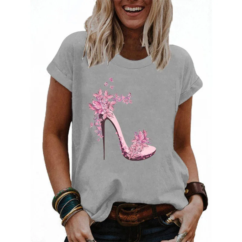 

Summer Floral High Heels T-shirt New Casual Round Neck T-shirt Fashion Plus Size Ladies T-shirt Oversized T Shirt