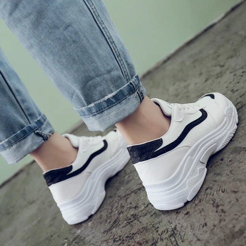 2019 г. осенне-зимние кроссовки Женская обувь на плоской платформе Белая толстой