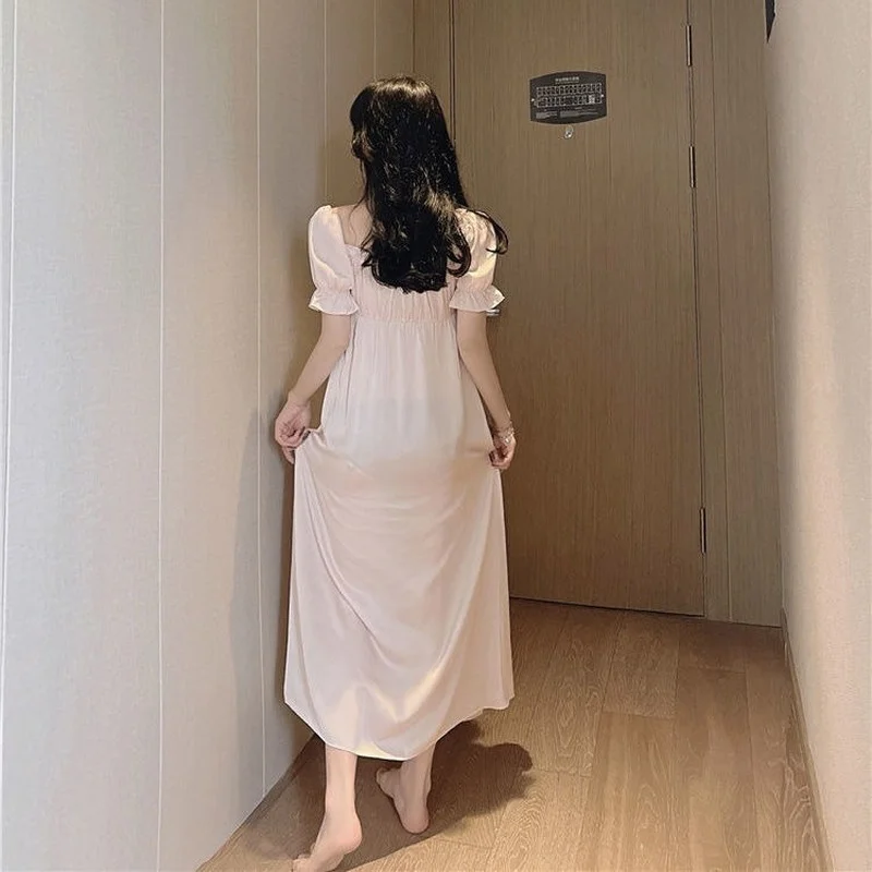 

Pink Nightgown Women's Dress Nightie Negligee Summer Nightwear Solid V-Neck Ankle-Length Princess Vestidos De Noche 2021