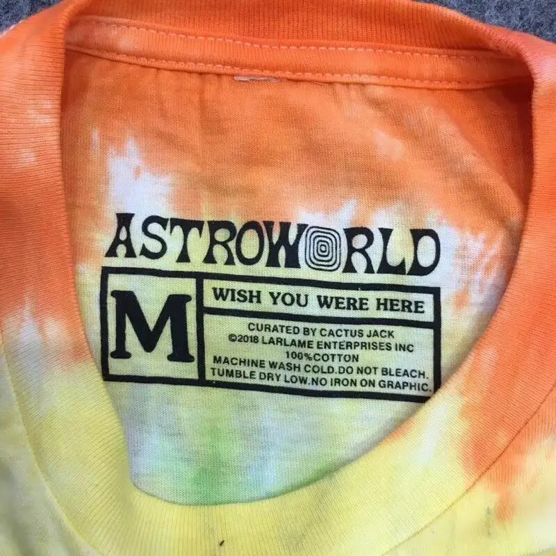 С изображением Трэвиса Скотта Astroworld серповидная Футболка мужская и женская 1:1 галстук высокого качества крашеные хип-хоп футболки