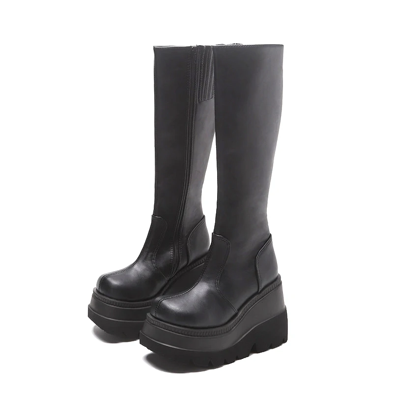 

Women Boots Gothic Black Wedges Platform High Knee Boots Autumn Winter Motorcycles Boots Shoes Ladies Footwear 2021 Plus Size 43
