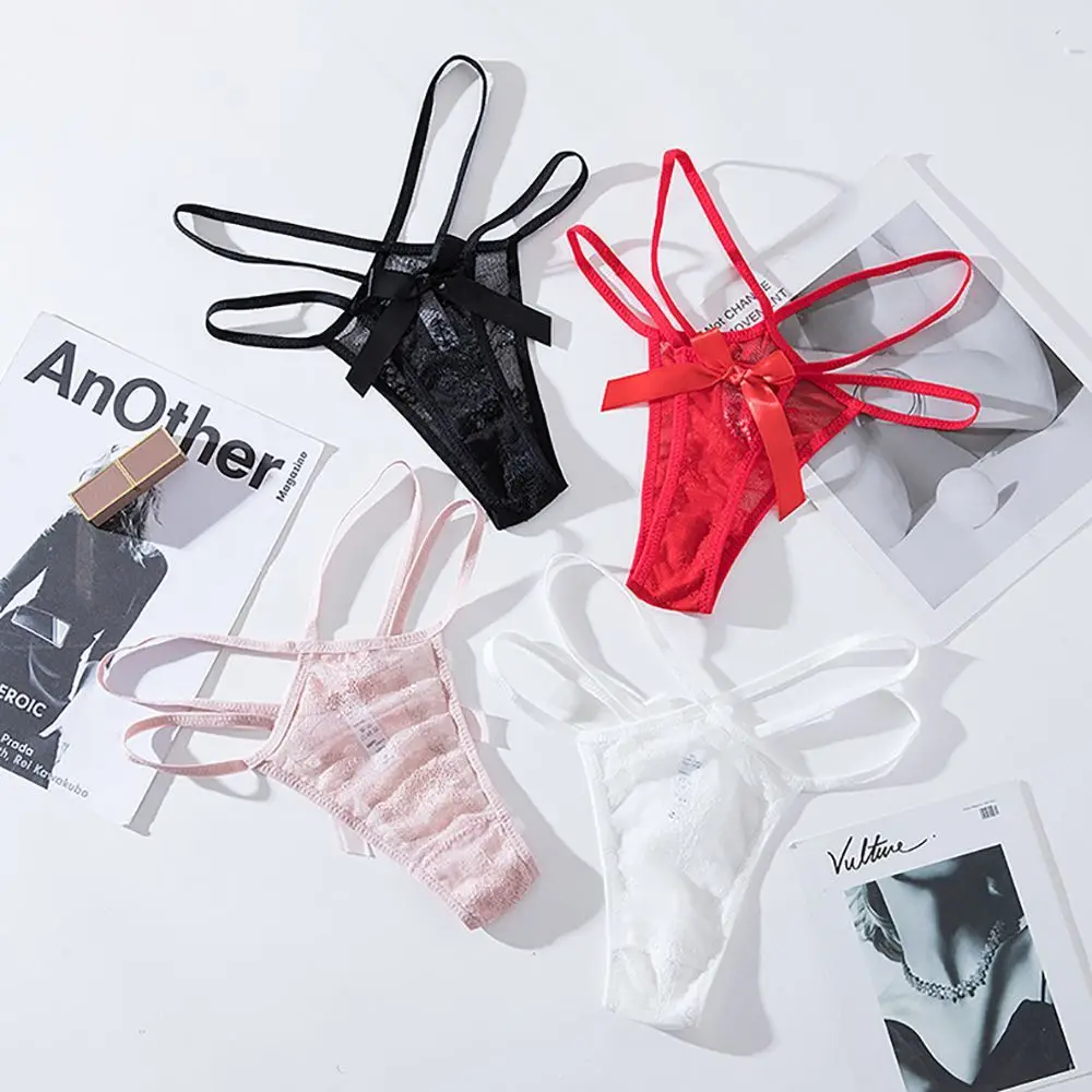 

Women's Panties Sexy Bandage Bow Lace Low Waist Cotton Crotch Transparent Temptation Thin Female Lingerie