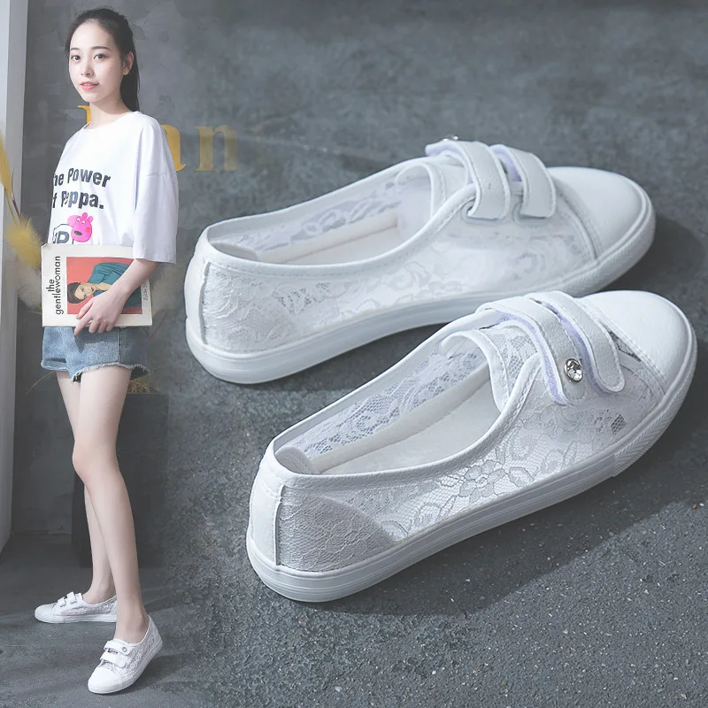 

2019 summer new Korean fashion women's canvas shoes casual buckle low round hollow lace breathable flat shallow mouth white shoe