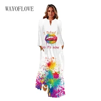 wayoflove autumn winter long dress white v neck casual long sleeve mouth print dresses woman elegant party dresses beach holiday