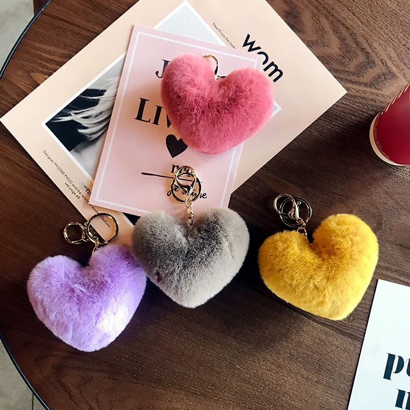 

Cute Fluffy Pompom Car Keychain For Women Imitation Rabbit Fur Pom Poms Ball Heart Shape Pendant Keyring Holder Charm Bag Gifts