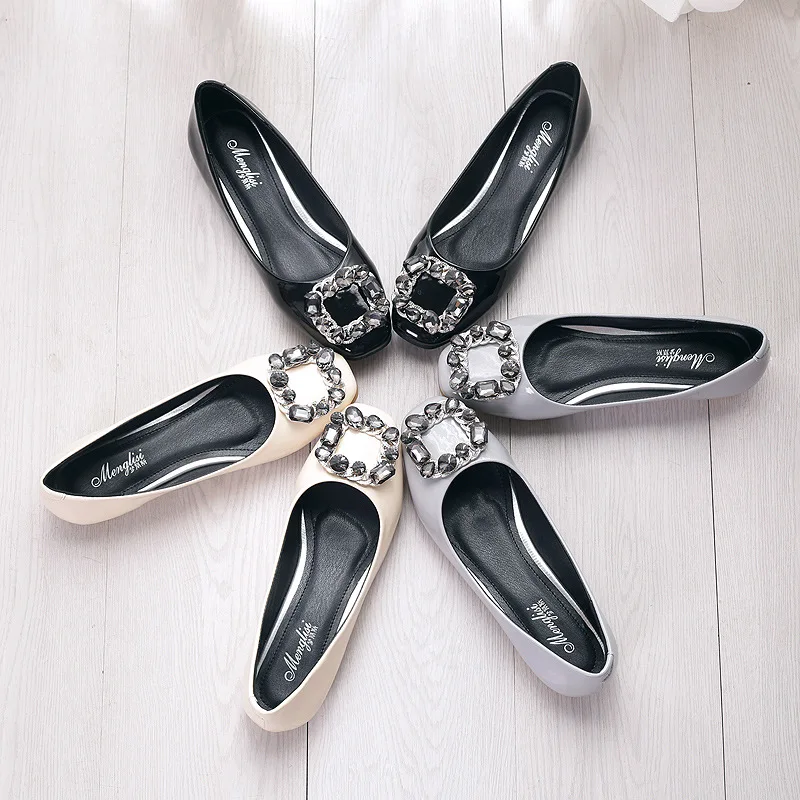 

Women's Square Toe Ladise Shoes Casual Rhinestone Low Heel Flat Shoes Patent Leather Shoe New Girls Slip On Flats Plus Size 43