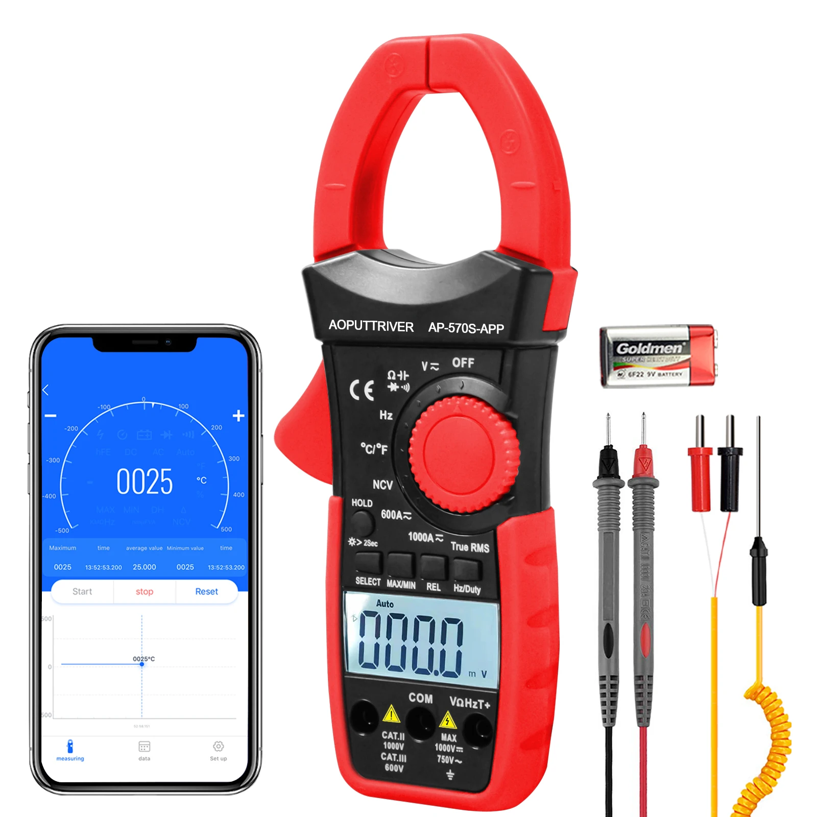 

Токоизмерительные клещи Holdpeak HP-570S-APP, Цифровые токоизмерительные клещи переменного/постоянного тока 6000 отсчетов, амперметр с истинным сред...