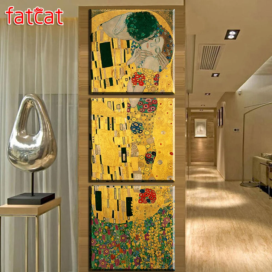 

FATCAT 5d diy Алмазная картина, абстрактный Gustav Klimt Kiss полный квадратный круглый дрель Алмазная вышивка triptych домашний декор AE263