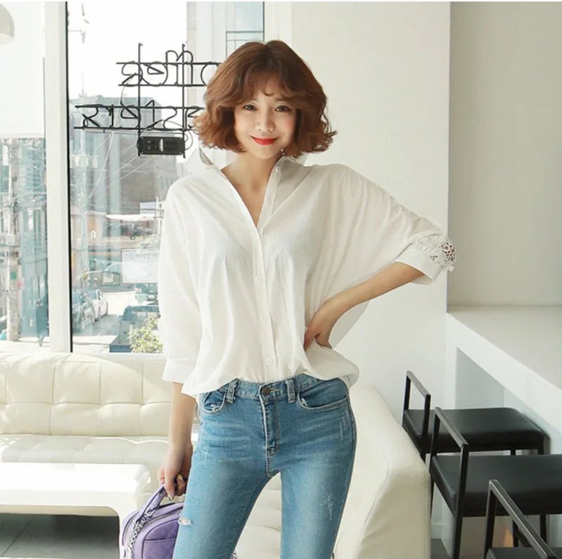 

Blouses Ladies Autumn 2020 Fashion Office Women Tops Long Sleeve Turn Down Callar Sexy Hollow Out Lace Casual Loose White Shirt